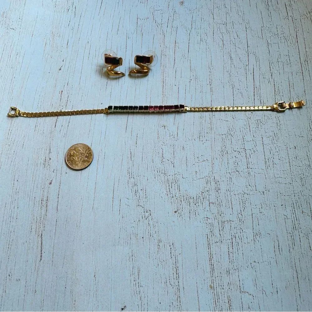 VTG Gold Rainbow Crystal Bracelet Earrings Set‎
